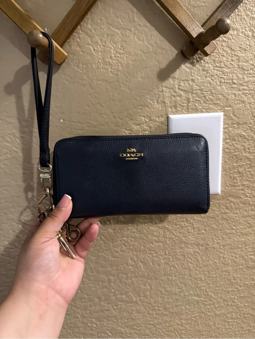 Coach Navy Leather Zip Wristlet with Gold Hardware
